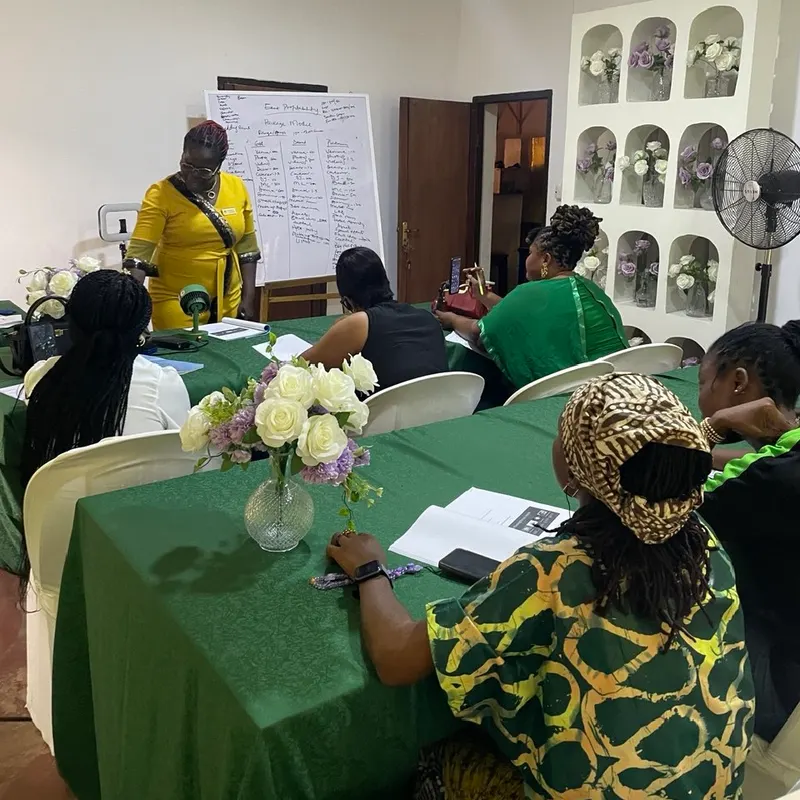 Facilitator presenting at a flip chart to trainees seated at green-draped tables
