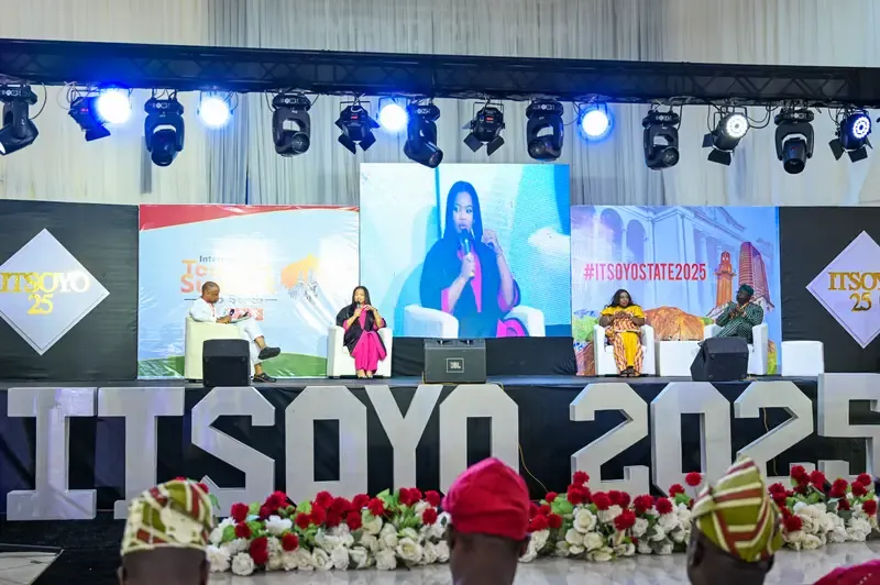 Main summit stage with LED displays at the ITS Oyo State 2025 Tourism Summit